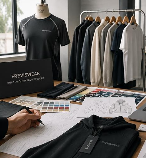 FrevisWear team reviewing custom clothing specifications and samples